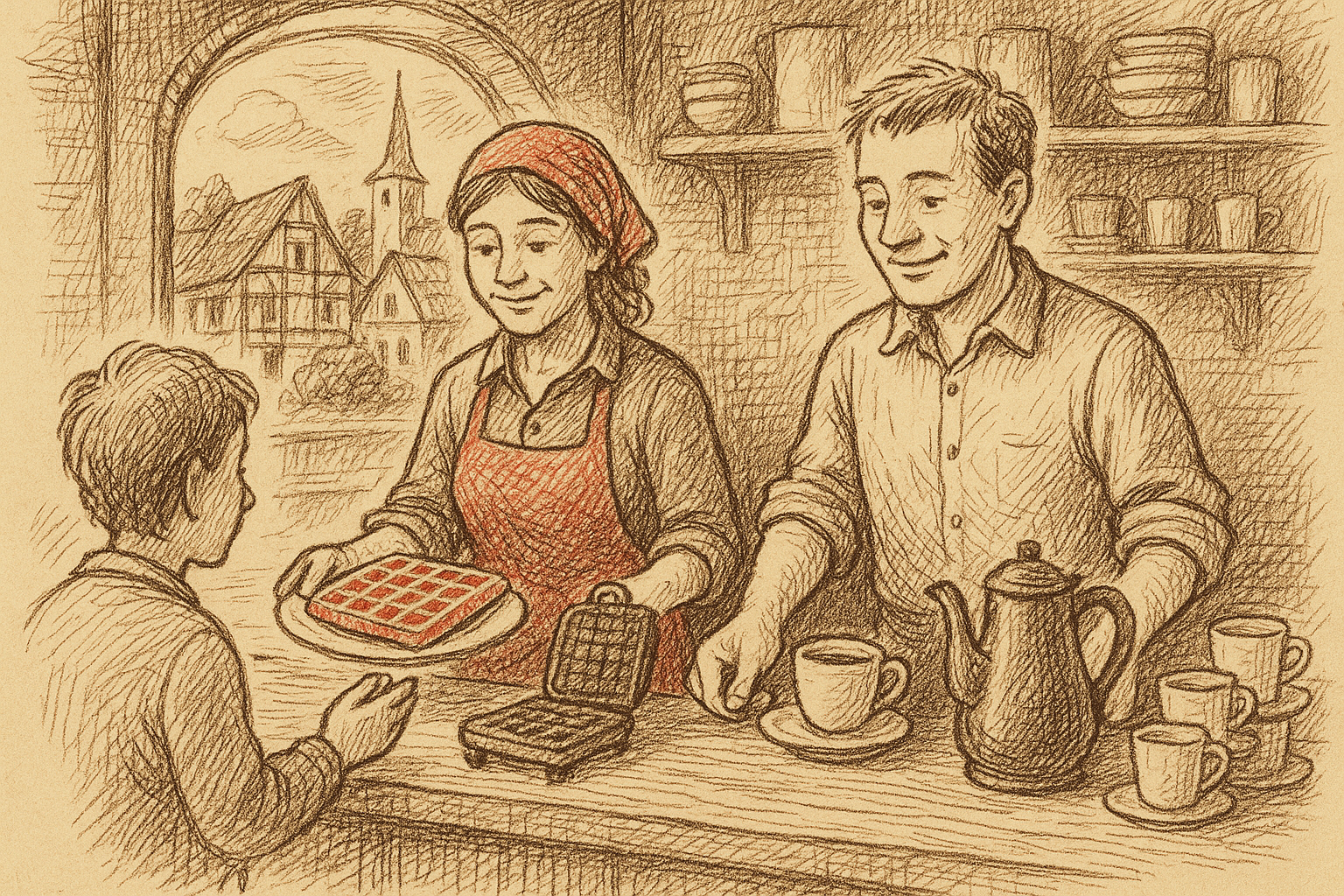 Illustration: Ehrenamtliche im Café