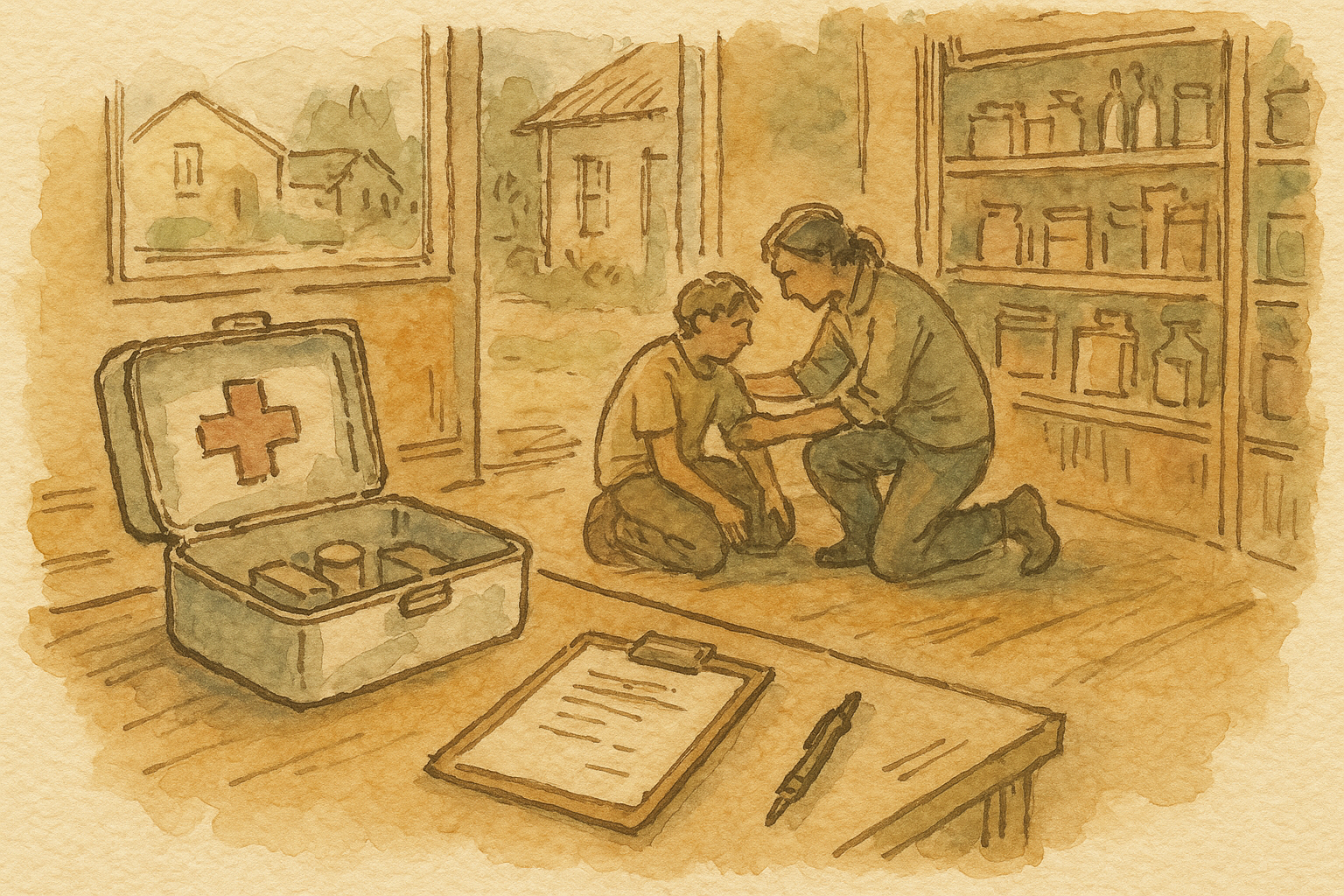 Illustration: Erste-Hilfe-Szene im Laden