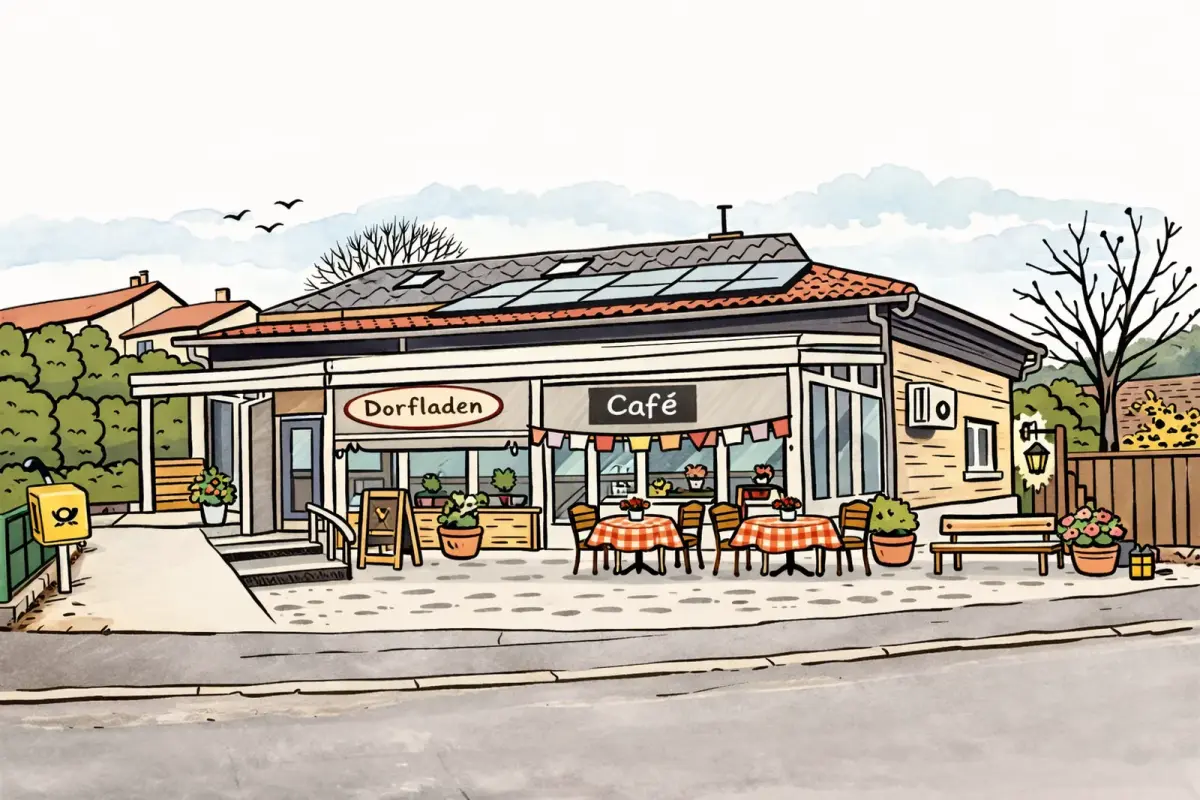 Illustration: Der Dorfladen in Roringen mit Terrasse und Café